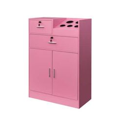 a pink cabinet with two doors and drawers