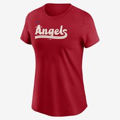 Designed with exclusive team details and colors, the City Connect Wordmark T-Shirt helps you represent the home of your Los Angeles Angels. It’s made from soft cotton fabric for continuous comfort. Nike T-shirt With Team Logo For Fan Merchandise, Nike Sports Fan T-shirt With Team Name, Nike T-shirt With Logo Print For Fans, Nike T-shirt With Letter Print For Fans, Nike T-shirt With Logo Print For Fan Gear, Nike T-shirt For Fan Gear With Logo Print, Nike College Fan Apparel T-shirt, Nike Fan Apparel T-shirt With Logo Print, Nike Letter Print T-shirt For Game Day