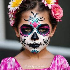 Kids Catrina Makeup, Catrina Kids Makeup, Girls Skeleton Makeup, Day Of The Dead Face Paint Kids, Kids Day Of The Dead Makeup, Halloween Face Paint Ideas For Kids, Skeleton Face Paint Kids, Facepainting Ideas Halloween, Catrina Makeup Kids