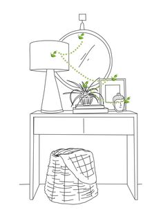 a drawing of a table with a lamp, basket and plant sitting on top of it