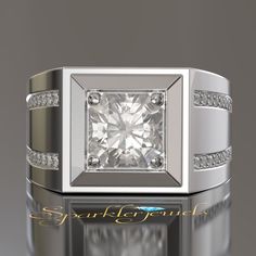 a white gold ring with a square cut diamond in the center