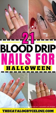 Doctor Nails Design, Blood Dipped Nails, Halloween Blood Nails Design, Blood Themed Nails, Nails Blood Design, Dripping Nail Art, Vampire Blood Nails, Blood Tip Nails, Blood Drip French Tip Nails