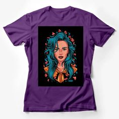 Women's Artistic T-Shirt, Turquoise Hair Illustration, Freckles, Floral Details Female T-Shirt Custom graphic T-Shirt.Customize your color Unisex Style Outfits, Cool Panda, Colour Blocking Fashion, Hair Illustration, Mens Tees Fashion, Turquoise Hair, Cat Graphic Tee, Streetwear Tops, Cat Graphic