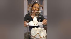 a woman holding a plate with cake on it and the caption says, easy no bake cheesecake only ingredients