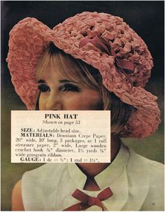 "Crochet Hat Pattern Pink Ruffle-brim hat with deep rose grosgrain ribbon hatband is double crochet. Adjust hatband to fit. Happy Crochet! Refer to last photo for materials. Print this file on 8.5\" x 11\" sheet size. You will receive a professionally scanned PDF copy of this Vintage Retro 1970's Crocheted Poncho Shawl pattern. Easy instructions to follow. English language. You can access the PDF pattern from your computer by using the Adobe Acrobat Reader. If you do not have Adobe, you can down Hat Pattern Crochet, Wooden Crochet Hooks, Poncho Shawl, Adobe Acrobat, Pink Hat, Shawl Pattern, Pink Ruffle, Crochet Hat Pattern, Crepe Paper