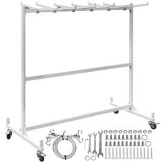 a white metal rack with tools on it