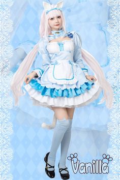 It includes dress, neck ornaments, headdress, thigh socks *2, ears, hair accessories *2, tail, big bow, heart-shaped micro chapter. Blue Maid Outfit, Pink Maid Outfit, Nekopara Vanilla, Slimes Girl, Thigh Socks, Maid Uniform, Dress Neck, Maid Outfit, Maid Dress