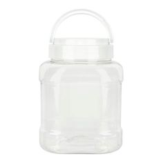 a clear glass jar with a white handle