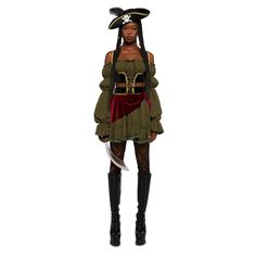 PRICES MAY VARY. Complete Pirate Look: This costume set includes an off-the-shoulder mini dress with long sleeves, velvet detailing, ruffled trim, shoulder straps, lace-up detailing, a sword, and a pirate hat for a full-on swashbuckling appearance. Flirty Design: Features an off-the-shoulder design with ruffled trim and lace-up detailing, creating a sexy, playful look perfect for costume parties and themed events. Quality Materials: Made from 100% Cotton, this costume ensures comfort and breatha Womans Pirate Costume, Women’s Pirate Costume, Pirate Womens Costume, Women Pirate Outfits, Pirate Halloween Costumes For Women, Womens Pirate Costume, Pirate Look, College Costumes, Pirate Costumes