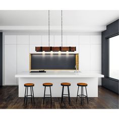 a kitchen with three stools next to an island and counter top in the middle