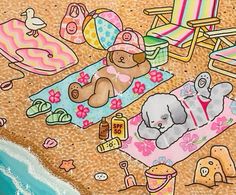 an image of a beach scene with teddy bears