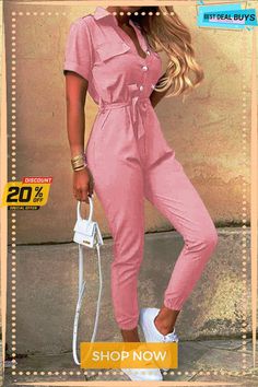 Casual Solid Buckle with Belt Turndown Collar Jumpsuits(12 Colors) Casual Pink Jumpsuits And Rompers With Button Closure, Casual Pink Solid Color Jumpsuits And Rompers, Casual Pink Jumpsuits And Rompers, Pink Casual Jumpsuits And Rompers, Collar Jumpsuit, Jumpsuits And Romper, Turndown Collar, Jumpsuit Fashion, Neck T Shirt