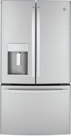 a stainless steel refrigerator freezer with the door open and water dispenser