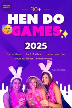 the flyer for hen do games with two women in bunny ears and pink dresses holding glasses