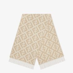 Long scarf finished with fringing. Made from beige cashmere. The jacquard is woven in an all-over FF motif. Made in Italy. One Size Fendi Logo Design, Fendi Store, Cold Weather Outfit, Cashmere Poncho, Scarf Material, Cashmere Color, Scarf Poncho, Women Essentials, Jacquard Weave