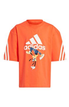 Disney and adidas team up with this collaborative T-shirt that shows off Goofy's sporty side and will keep your kiddo comfy all day long. 93% cotton, 7% elastane Machine wash, tumble dry Imported Sporty Cotton Tops With Cartoon Print, Sporty T-shirt With Character Print For Sports, Sporty Tops With Character Print For Sports, Sporty T-shirt With Cartoon Print For Sports, Sporty Character Print Tops For Streetwear, Sporty Tops With Character Print For Sports Events, Casual Sports T-shirt With Character Print, Sporty Tops With Character Print For Fans, Casual T-shirt With Character Print For Sports