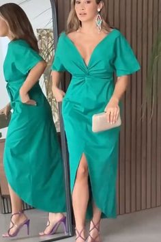 This elegant maxi dress💕👗 exudes timeless charm with its solid color and flattering V-neck design. Perfect for parties or casual outings, it combines sophistication and comfort effortlessly, making it a must-have in every woman's wardrobe.💕👗 Formal Green Summer Evening Dress, Formal Green Evening Dress For Summer, Green V-neck Evening Dress For Party Season, Green Sheath Maxi Dress For Party, V-neck Dress For Wedding Guest And Party Season, Green Short Sleeve Party Dress, Chic Short Sleeve Summer Evening Dress, Green Evening Dress For Spring Date Night, Green Short Sleeve Midi Dress For Party