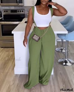 Olivia Mark - Tailored Wide-Leg Jumpsuit with Adjustable Drawstring and Suspender Detail Spaghetti Strap Jumpsuit, Jumpsuit Casual, Jumpsuit Elegant, Green Jumpsuit, Plus Size Jumpsuit, Long Sleeve Jumpsuit, Casual Jumpsuit, Black Women Fashion, Cute Simple Outfits