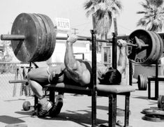 a man is doing squats on a bench with barbells in front of him