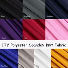 various colors of polyester spandex knit fabric in different sizes and shapes, with the