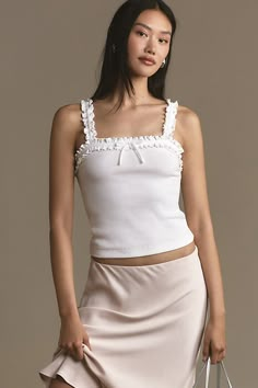 Cotton, elastane Pullover styling Machine wash Imported | Ruffled Cami by Maeve in White, Women's, Size: XS, Cotton/Elastane at Anthropologie Anthropologie Fashion, Feminine Clothes, Colorful Tops, Anthropologie Style, Coastal Granddaughter, Pretty Princess, White Cami, Feminine Outfit, 50 Fashion