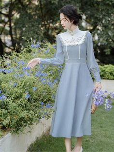 ❤︎Ice blue retro waist mark dress❤︎ Long Sleeve Elegant Dresses, Tea Break, New Chinese, China Fashion, Womens Fall, Gray Dress, Ice Blue, Men Dress, Blue Grey