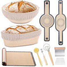 bread baking supplies including rolling pin, spatulas and other kitchen accessories are arranged on a white background