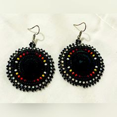 Earrings. Authentic, Native American Hand Beaded Earrings. Mississippi Band Of Choctaw Indians. New. Never Worn. No Tags. Black Bead Dangle Earrings For Festivals, Black Beads Dangle Earrings For Festival, Beaded Round Earrings For Festival, Black Beaded Dangle Earrings For Festivals, Adjustable Round Earrings With Colorful Beads, Festival Black Bead Drop Earrings, Round Beaded Earrings With Ear Wire For Party, Black Beaded Round Earrings, Round Beaded Earrings For Party