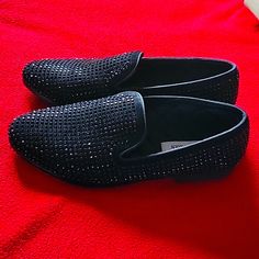 Steve Madden Studded Black Caviarr Loafers Are Brand New. Black Flat Loafers For Party, Formal Black Flats With Studded Outsoles, Flat Black Loafers For Party, Black Leather Slip-ons For Party, Slip-on Round Toe Loafers For Party, Party Slip-on Loafers With Round Toe, Party Loafers With Slip-on Fit And Round Toe, Black Slip-on Loafers For Party, Party Loafers With Rubber Sole And Flat Heel