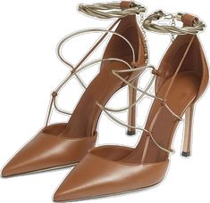 Chic Brown Party Heels, Chic Brown Heels For Party, Chic Brown Evening Heels, Party Brown Heels With Heel Strap, Chic Brown Heels For Evening, Brown Heels With Heel Strap For Party, Brown Pointed Toe Court Shoes With Heel Strap, Brown Party Heels With 4-inch Heel, Brown Heels With 4-inch Heel For Party