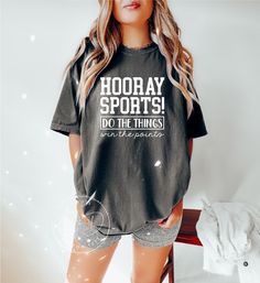 Hooray Sports Shirt AT CHECKOUT: ▪️ Shirt Color(Shown in Pepper) ▪️ Size ▪️ Design Color SHIRT INFO: ▪️ Comfort Color heavy blend shirts ▪️ All shirts are unisex fit. Please refer to the size chart provided in the listing photos for more details. ▪️ For oversized look please size UP 1-2 sizes ▪️ Unisex, 6.1 oz, 100% ring spun cotton, garment-dyed, DESIGN INFO: ▪️ Design is heat transfer vinyl and is applied to each shirt with a commercial grade heat press. ▪️ There may at times be a slight diffe Sporty Team Name T-shirt For Workout, Sporty Athletic Heather T-shirt For Game Day, Sporty T-shirt In Athletic Heather For Game Day, Moisture-wicking Shirt For Sports Events And Seasons, Moisture-wicking Shirt For Sports Events, Sporty Tops For Game Day, Collegiate Moisture-wicking Gym Tops, Sporty T-shirt With Team Name For Gym, Sports Fan Tops For Sports Season Events