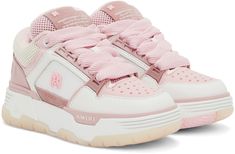 Low-top paneled mesh and buffed leather sneakers in pink. · Perforated detailing at toe · Lace-up closure · Suede logo patch at padded tongue · Padded collar · Rubberized logo appliqué at outer side · Logo embossed at heel counter · Terrycloth lining · Logo embossed at rubber midsole · Treaded rubber sole Supplier color: Pink Pink Amiri Sneakers Outfit, Pink Mid-top Sneakers For Streetwear, Pink Mid-top Custom Sneakers For Streetwear, Amiri Pink Sneakers, Pink Lace-up Platform Sneakers With Textured Sole, Logo Line, Lace Up Heels, Pink Lace, Embossed Logo