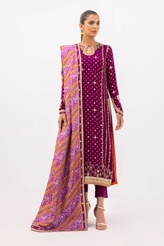 Semi-stitched Purple Anarkali Unstitched Suit, Pink Dabka Jamawar Unstitched Suit, Elegant Purple Kurta With Sheer Dupatta, Pink Jamawar Unstitched Suit With Dabka, Designer Purple Cotton Silk Kurta, Purple Salwar Kameez With Resham Embroidery For Eid, Purple Anarkali Set With Intricate Embroidery For Eid, Purple Semi-stitched Lawn Suit With Dabka Work, Purple Georgette Salwar Kameez With Dabka