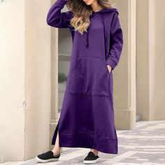 This Plus Size Women Knitting Hooded Casual Maxi Dress Design Made Of High Quality Polyster And Spandex Material. It Is Stretchy, Durable And Comfortable. Casual Dresses With Long Sleeves Can Not Only Be Worn As Outerwear In Spring And Autumn, But Also Matching a Jacket In Winter, It Is a Must Have Item For Every Season. Grab Really Great Buy Casual Dresses For Women And Grow Your Business. No Moq In The Little Connection . Women Knitting, Maxi Dress Designs, Hooded Sweatshirt Dress, Womens Sweatshirts Hoods, Elegant Maxi Dress, Sports Shirt, Elegant Dresses For Women, Dresses Vintage, Maxi Dresses Casual