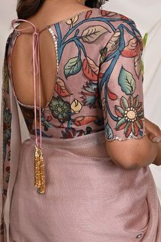 Sandrose pink blouse with floral kalamkari hand painted motifs and sequin embroidered border. - Aza Fashions Floral Blouses For Saree, Floral Blouse Designs Latest, Royal Saree, Kalamkari Blouse Designs, Pink Saree Blouse, Kalamkari Blouse, Saree Blouses Online, Model Blouse, Blouse Designs Catalogue