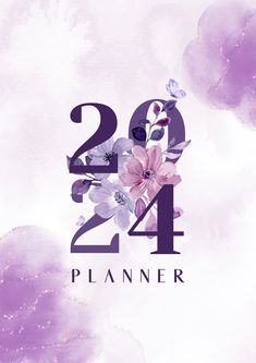 a purple watercolor background with flowers and the number twenty four