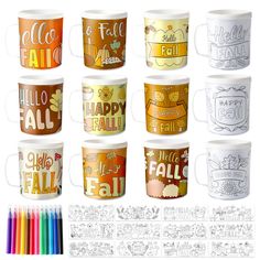 a group of coffee cups with the words hello fall written on them and colored pencils next to it