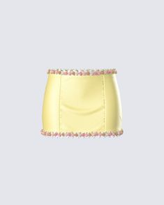 Even in a dream, you’re too good to be true  💛 Crafted from soft satin fabric, this cutesy yellow floral mini skirt is adorned with lace and rosette trimming for a look that’s suited for a princess 😌 Yellow Clothes, Micro Mini Skirt, Floral Mini Skirt, Too Good To Be True, Graphic Top, Micro Mini, White Jersey, Ruffle Shorts, Mini Wrap Dress