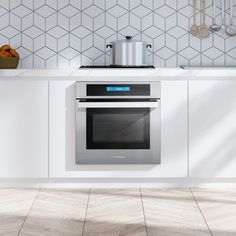 an oven in the middle of a kitchen with white walls and tile flooring on the wall