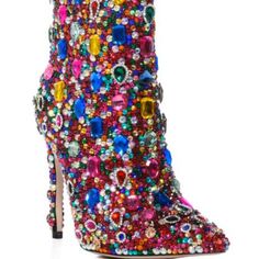 The Azalea Wang " Blinged Totally " Stiletto Rhinestone Cocktail Bootie In Multi Is Made From A Suede Upper And Features Clustered, Multicolor Rhinestone And Gem Detailing, A Mid-Calf Height Shaft, A Pointed Toe Silhouette, And A Coordinating, Multicolor Rhinestone And Gem-Detailed Stiletto Heel. Complete With An Inner Ankle Zipper Closure. - Suede Upper - Pointed Toe - Stiletto Heel - 9.25” Shaft Height - 4.5” Heel Height Dansko Boots, Beige Chelsea Boots, Slouch Ankle Boots, Born Boots, Xoxo Gossip, Cute Shoes Heels, Heeled Rain Boots, Azalea Wang, Women Heels