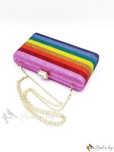 Bird in Bag - Handmade Rhinestone Clutch Purse with Multicolored Diamond Rainbow Design, Full Crystal Evening Bag for Women, Pom and Party Access Acrylic Clutch, Rhinestone Clutch, Striped Bags, Handbag For Women, Rainbow Design, Bag Handmade, Bird In Bag, Mini Fashion, Bag For Women