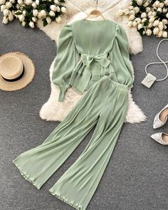 Fashionable Pleated Chiffon Puff Sleeve Top + Wide Leg Pants Set on Luulla Chic Green Solid Color Sets, Chic Long Sleeve Chiffon Set, Chic Chiffon Long Sleeve Sets, Chic Chiffon Sets For Spring, Chic Pleated Spring Sets, Green Chiffon Summer Sets, Chic Wide Leg Solid Color Sets, Chic Solid Color Wide Leg Sets, Green Chiffon Set For Spring