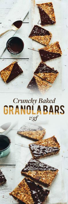 granola bars are stacked on top of each other with chocolate sauce in the middle