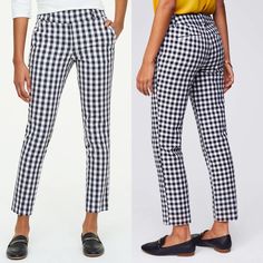 Loft Women's Black Gingham Riviera Pants In Marisa Fit Nwt Because Sunny Style Should Always Be Easy, Our Riviera Pants Make Every Day A Getaway. A Slightly Straighter Cut From Waist To Hip. Zip Fly With Hook-And-Bar Closure. Belt Loops. Slash Pockets. Back Welt Pockets. Outer Ankle Slits. 27" Inseam. Color: Black And White Plaid Cotton Bottoms For Business Casual, Plaid Cotton Bottoms For Work, Business Casual Plaid Cotton Bottoms, Plaid Cotton Workwear Bottoms, Casual Gingham Workwear Pants, Casual Gingham Pants For Workwear, Summer Workwear Gingham Pants, Summer Gingham Workwear Pants, Gingham Pants For Summer Workwear