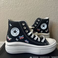 Platform Butterfly Black Converse With Pink Bottoms Size 6 Never Worn- Brand New Black Sneakers With Speckled Midsole For Spring, Pink Hightop Converse, Butterfly Converse, Shoes Butterfly, Converse Boots, Converse Slip On, Polka Dot Shoes, Converse Platform