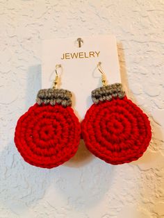 red and gray crochet earrings with gold hooks on white background, jewelry for women