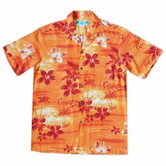 aurora orange hawaiian rayon shirt | hawaiian men shirt Orange Hawaiian Shirt, Plumeria Flowers, Hawaii Usa, Tropical Shirts, Rayon Shirt, Orange Fabric, Tropical Island, Shirt Store, Aloha Shirt