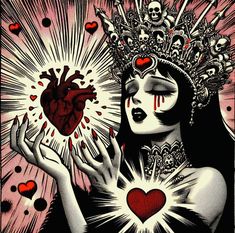 a woman holding a heart in her hands with skulls and hearts all around her head