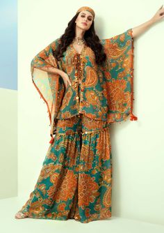 Taavare-Blue Printed Organza Kaftan Sharara Set-INDIASPOPUP.COM Luxury Ruffled Sharara For Party, Luxury Jamawar Dress For Transitional Season, Luxury Eid Palazzo Set For Party, Women Kaftan Styles, Latest Kaftan Styles, Organza Kaftan, Latest Kaftan Designs, Kaftan Dress Indian, Kaftan Kurti