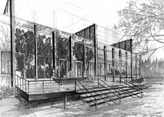 an architectural drawing of a building with stairs leading up to the front door and windows